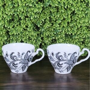 VTG Johnson Brothers Made in England Black Paisley Floral White Teacups Set-2